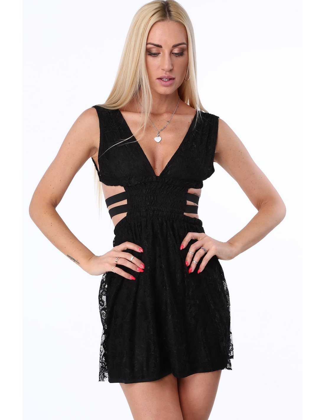 Dress with elastic bands on the sides, black ZZ304 - Online store - Boutique